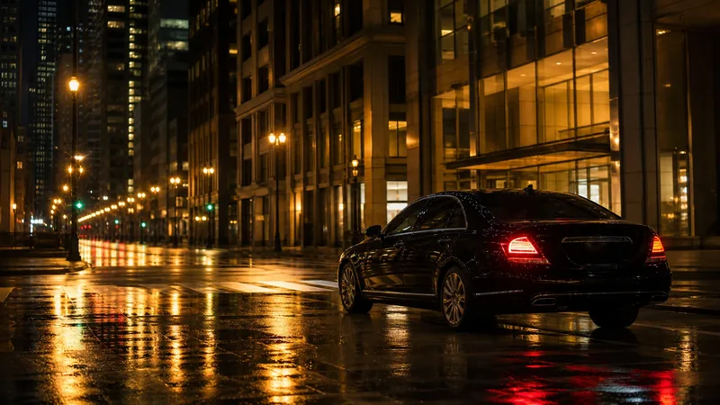Black sedan waiting on a wet city street at night, How to Start a Rideshare Company in West Virginia