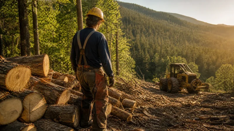 Logger with a chainsaw and a stack of cut logs on a wooded hillside, How to Start a Logging or Timber Business in West Virginia