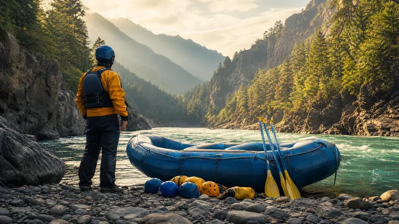 Guide in a helmet and life jacket beside an inflatable raft on a river bank, How to Start a Campground or RV Park in West Virginia