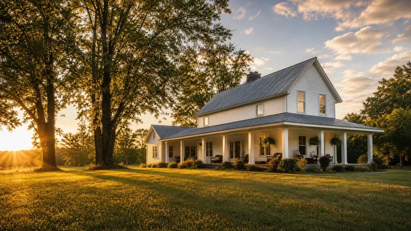 White farmhouse with a wide porch among trees at golden hour, West Virginia Short-Term Rental Laws